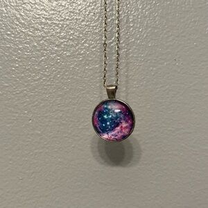 Pink Blue Galaxy Gently Used Pendant Necklace Silver Tone